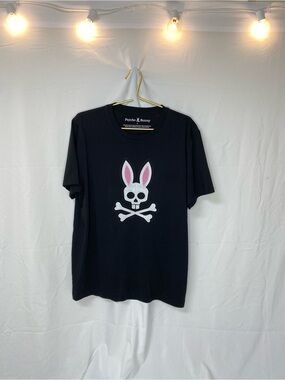 Psycho Bunny Black Skull & Bunny Logo Tee with Pink Accents size 6